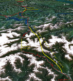 The Gotthard Base Tunnel together with the Zimmerberg Base Tunnel form the northern part of the Gotthard axis of the Alptransit project (yellow: major tunnels, red: existing main tracks, numbers: year of completion)