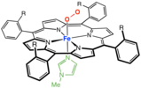 A picket-fence porphyrin complex of Fe, with axial coordination sites occupied by methylimidazole (green) and dioxygen (R = amide groups).[6]