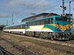 A class 269 electric locomotive pulls the TerraSur Temuco passenger train at Temuco, Chile, in 2008