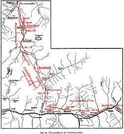 Outline map of the Lötschbergbahn between Spiez and Brig in Switzerland, showing the part from Frutigen to Brig. Note the double loop completed with a 270 degree spiral tunnel between Kandergrund and Felsenburg (ca. km 60 and 70) and the straight stretch of the Lötschberg tunnel between km 75 and 90.