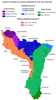 A regional map of the Alsace-Lorraine region, connecting location with dialect spoken.