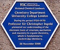 Royal Society of Chemistry plaque on the Chemistry Department of University College London, recording the work carried out there by Sir Christopher Ingold (erected 2008)