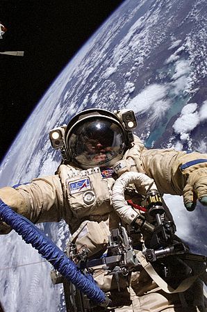 Astronaut Edward M. (Mike) Fincke wearing a Russian Orlan spacesuit during an EVA