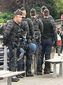 Riot control gear: body armour, shield, tear gas mask, apparatus for throwing tear gas canisters