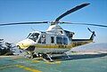 A Los Angeles County Fire Department Bell 412 helicopter, manufactured by Bell. Taken at LACoFD's Camp 9, a wildfire suppression camp located at the top of a mountain in the Angeles National Forest. The site used to be part of Project Nike, and was designated "LA-98".