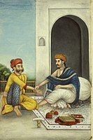 Physician taking pulse in Delhi c. 1826