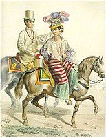 French illustration of a Spanish-Filipino mestizo couple c. 1846, showing the traditional way of wearing the tapis by women