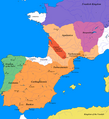 Image 63The greatest extent of the Visigothic Kingdom of Toulouse, c. 500, showing Territory lost after Vouillé in light orange (from History of Spain)