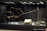 The two-wheeled horse chariot, here found in the tomb of Tutankhamun, may have been introduced to Egypt by the Hyksos.[173]