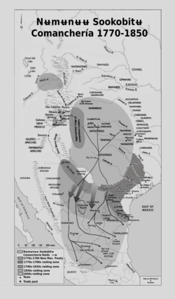 The development of Comancheria from 1770 to 1850. Depicted are the shifting core territories of the Comanche, their zones of control, and their extensive raiding zone which extended from Texas and New Mexico deep into Mexico