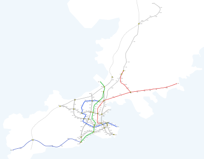 Schematic map of Dalian Metro, with color-coded lines