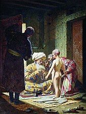 Sale of a child-slave (1872). A rich Turkish man examines a naked boy, before buying him.