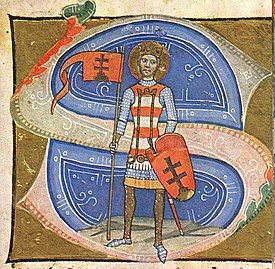 King Saint Stephen – Hungarian flag with the "double cross" (Chronicon Pictum, 1358)