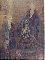 A deity seated on a pedestal surrounded by five robed standing figures.