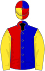 Blue and red (halved), yellow sleeves, red, yellow and blue quartered cap