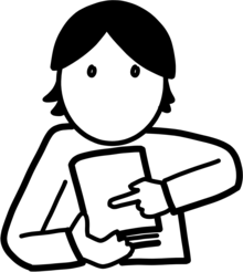 Black outline drawing of a cartoon librarian pointing at a book.