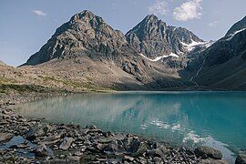 Proglacial lake Blåvatnet located in Lyngen Alps.