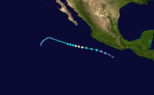 A map of the path of a hurricane heading west-northwestward away from the Pacific coast of Mexico