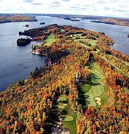 Aerial photo of Bigwin Island in the Fall