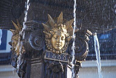 Beaux Arts mascaron of the Grande Fontaine (Avenue Léopold-Robert), La Chaux-de-Fonds, Switzerland, by Louis Maximilien Bourgeois, 1888