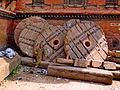 Wooden wheels of a disassembled festival cart for Bisket Jatra