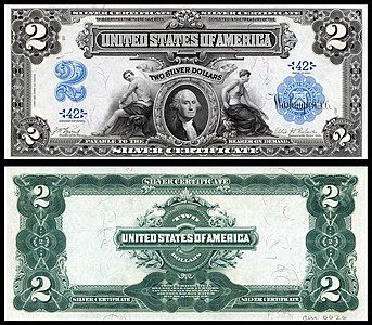 Two-dollar silver certificate from the series of 1899, by the Bureau of Engraving and Printing