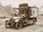 Knocker and Chisholm in their converted Wolseley Ambulance, Pervyse, Belgium, c. 1916