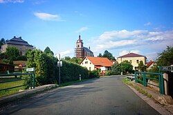 View towards the Church of the Visitation of the Virgin Mary and Saint Wenceslaus