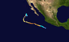 A map of the track of a hurricane off the Pacific coast of Mexico. It generally moves to the west-northwestward for most of its life, though it later curves to the north-northeast; it ends by moving erratically within a small area