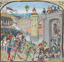 A colourful medieval image of a town under attack