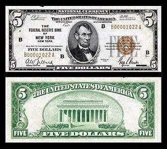 Five-dollar small-size banknote of the Federal Reserve Bank Notes, by the Bureau of Engraving and Printing