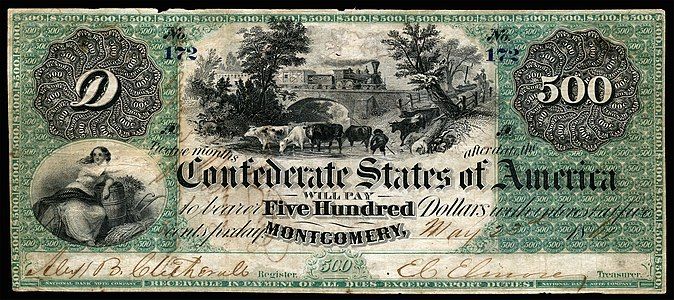 $500 Confederate States of America note from 1861, showing Ceres, cattle, and train vignette