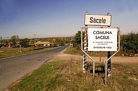 Entrance sign to Săcele, the birthplace of Gheorghe Hagi