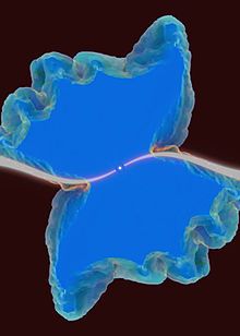 Central star has elongated S shaped curve of white emanating in opposite directions to the edge. A butterfly-like area surrounds the S shape with the S shape corresponding to the body of the butterfly.