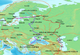 Trade routes between the 8th and 11th centuries AD, with the Don Portage controlled by the Khazar fortress Sarkel.