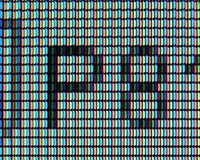 Red, green, and blue subpixels on a liquid-crystal display.