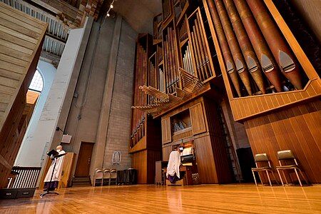 The Flentrop organ and its console, seen from the choir loft