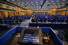 Teleprompter glass on left and right from speaker's point of view