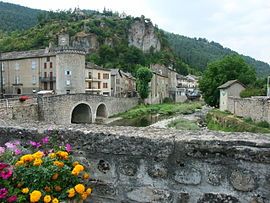 Clock tower and bridge over the Béthuzon in Meyrueis