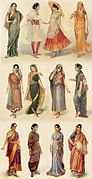 Illustration of different styles of sari, gagra choli and shalwar kameez worn by women in the Indian subcontinent, c. 1928