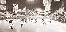 Hockey players on the ice surrounded by spectators