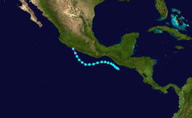 Map plotting the track and the intensity of the storm, according to the Saffir–Simpson scale