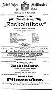 Poster for world premiere of Raskolnikoff. Fürstliches Hoftheater Gera: April 9, 1913.