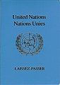 The front cover of a blue machine-readable United Nations laissez-passer