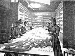 Photo (1901). Checking and sorting at the 1st model laundry.