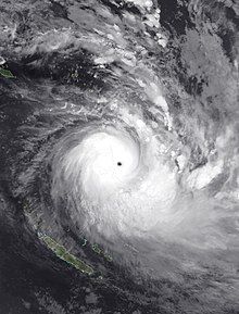 Infrared satellite image of Harold featuring a clear eye and a large rainband to its south