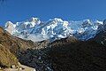 The Kedar range of the Greater Himalayas rises behind the Kedarnath Temple in the Indian state of Uttarakhand. Snow melt from the glaciers behind Kedarnath forms the Mandakini river, one of the headstreams of the Ganges river.[1]