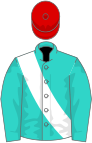 Turquoise, white sash, red cap