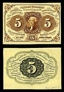 First issue of the five-cent fractional currency, by the American Bank Note Company and the United States Department of the Treasury