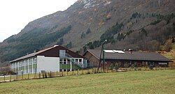 View of the local school in Vik